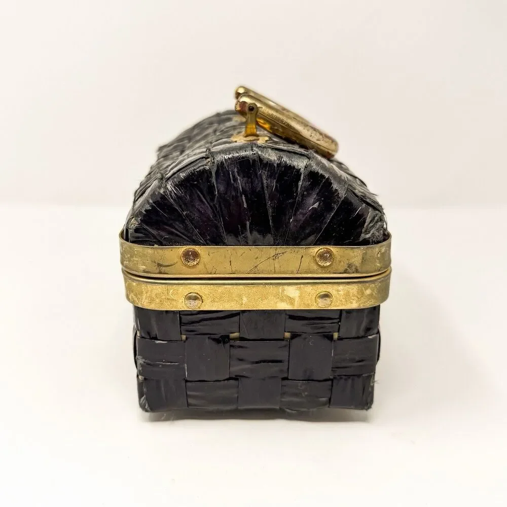 Vintage Woven Plastic Raffia Box Purse Black Gold Lucite Handle Jewelry Case